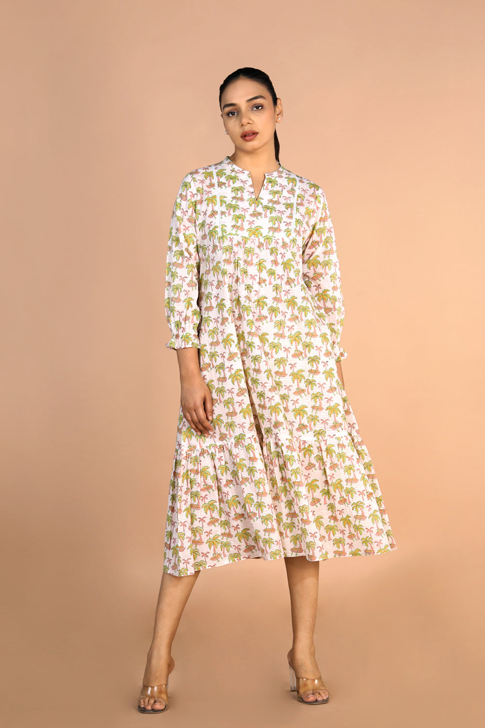 Image of Off - white Cotton Handblock printed Tiered dress